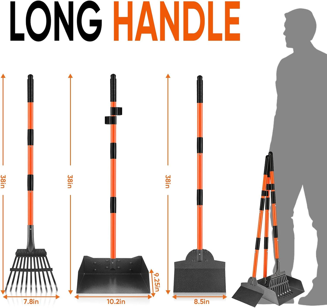 Pooper Scooper for Dogs, 38" Long Handle Metal, XL Tray, 3-Piece Set