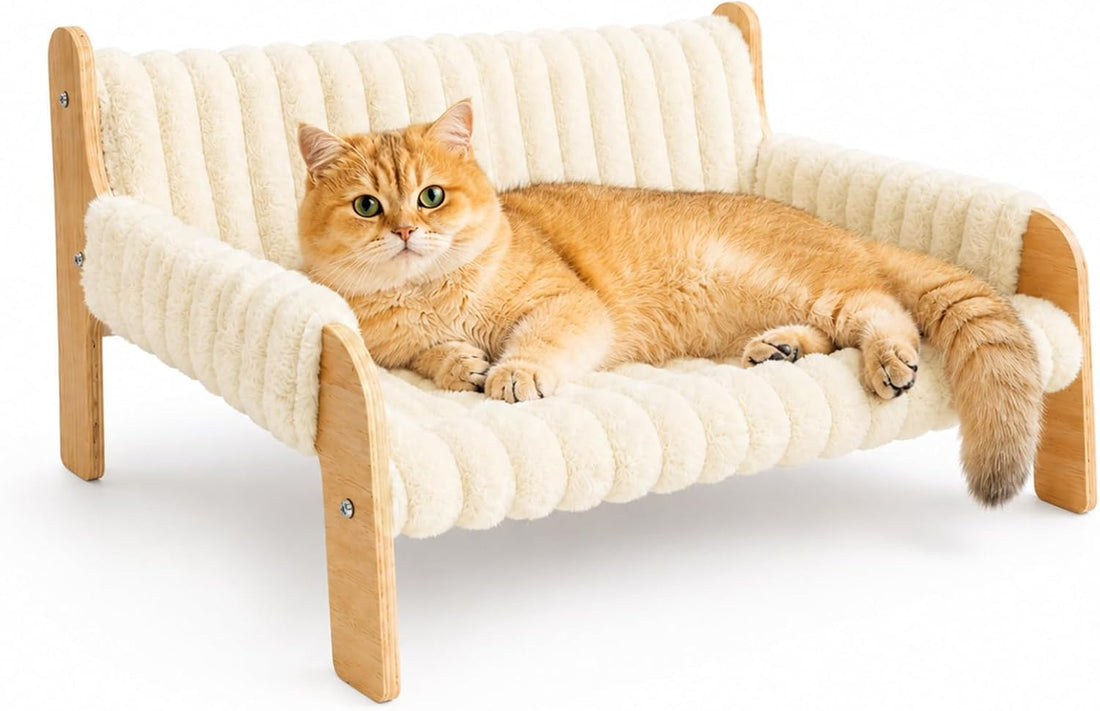 Jiupety Elevated Cat Couch for Indoor Cats Wooden Cat Sofa for Kitty