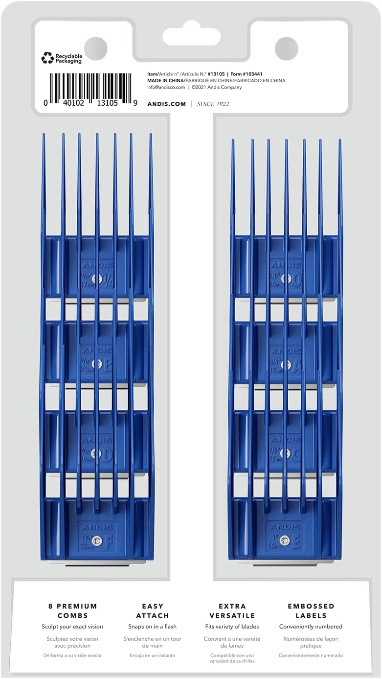Andis 13105 8-Piece Universal Snap-On Comb Set, Sizes 5/8-1-1/4in