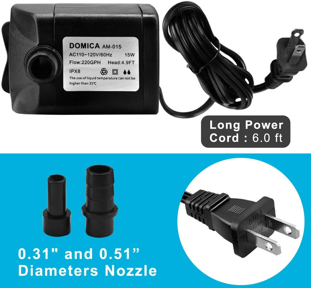 DOMICA 220GPH Ultra Quiet Fountain Pump (15W 800L/H), Small Submersible Pump for Pond, Water Feature, Aquariums, Fish Tanks, Hydroponics, Indoor or Outdoor Fountain (AC Powered)