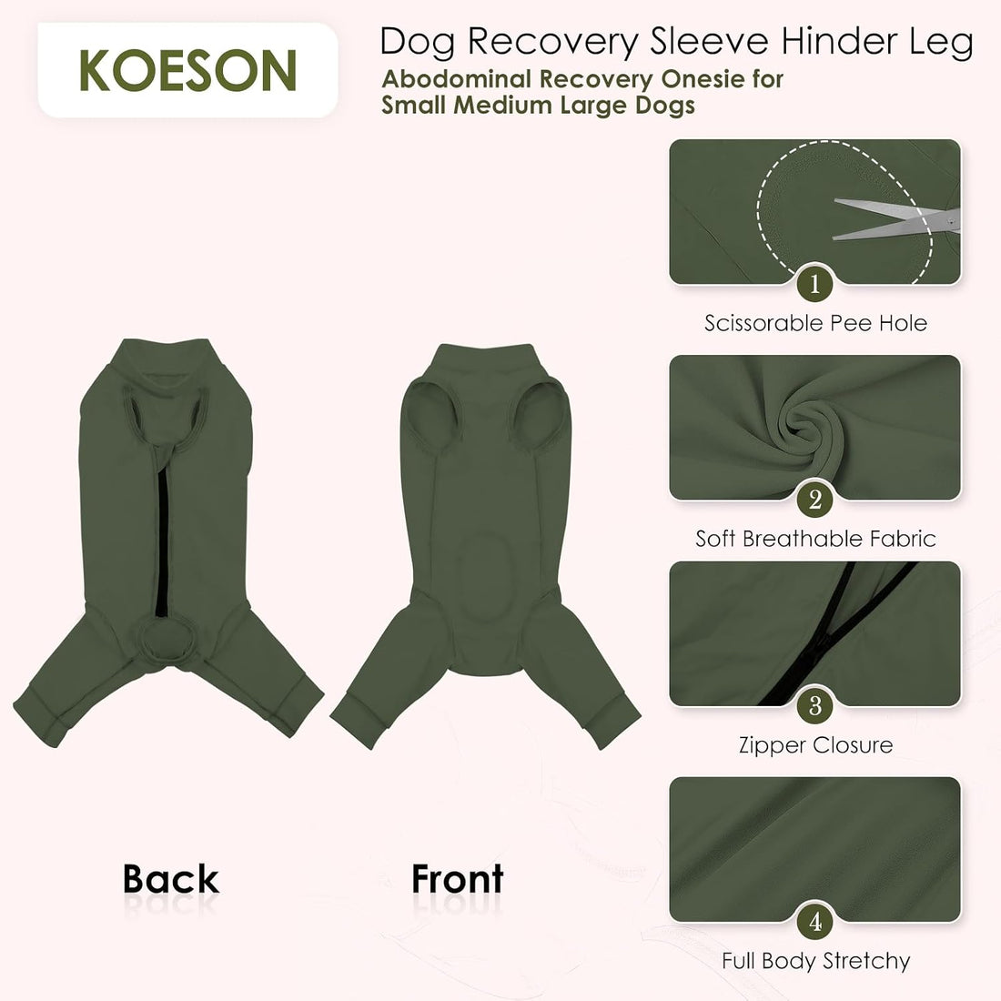 KOESON Back Zipper Dog Surgery Recovery Suit with Rear Leg Sleeve