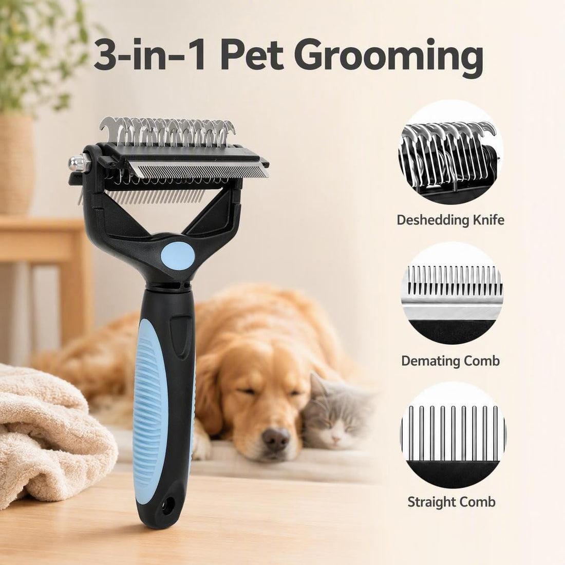 3-in-1 Pet Grooming Tool Dematting Comb Undercoat Rake Deshedding
