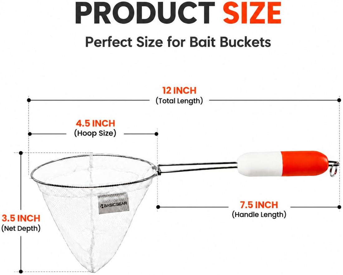 BasicGear Minnow Dip Net, 12 in, Micro Mesh for Bait Bucket