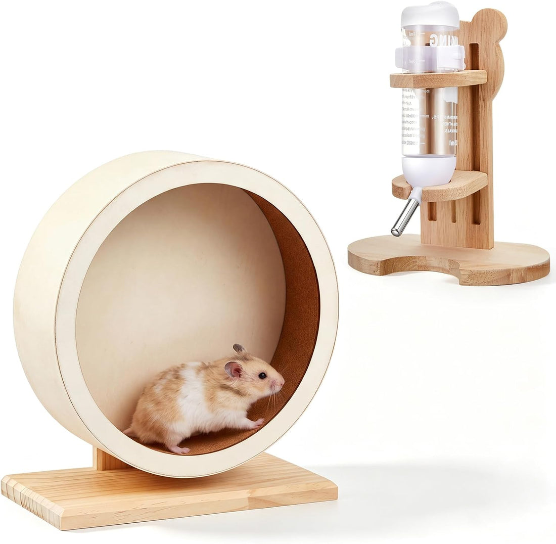 L, 11 Inch Wooden Silent Hamster Wheel with Water Bottle