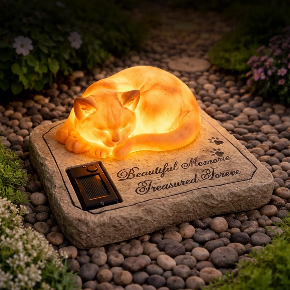 Solar Light Cat Memorial Garden Stones with A Sleeping Kitty Statue