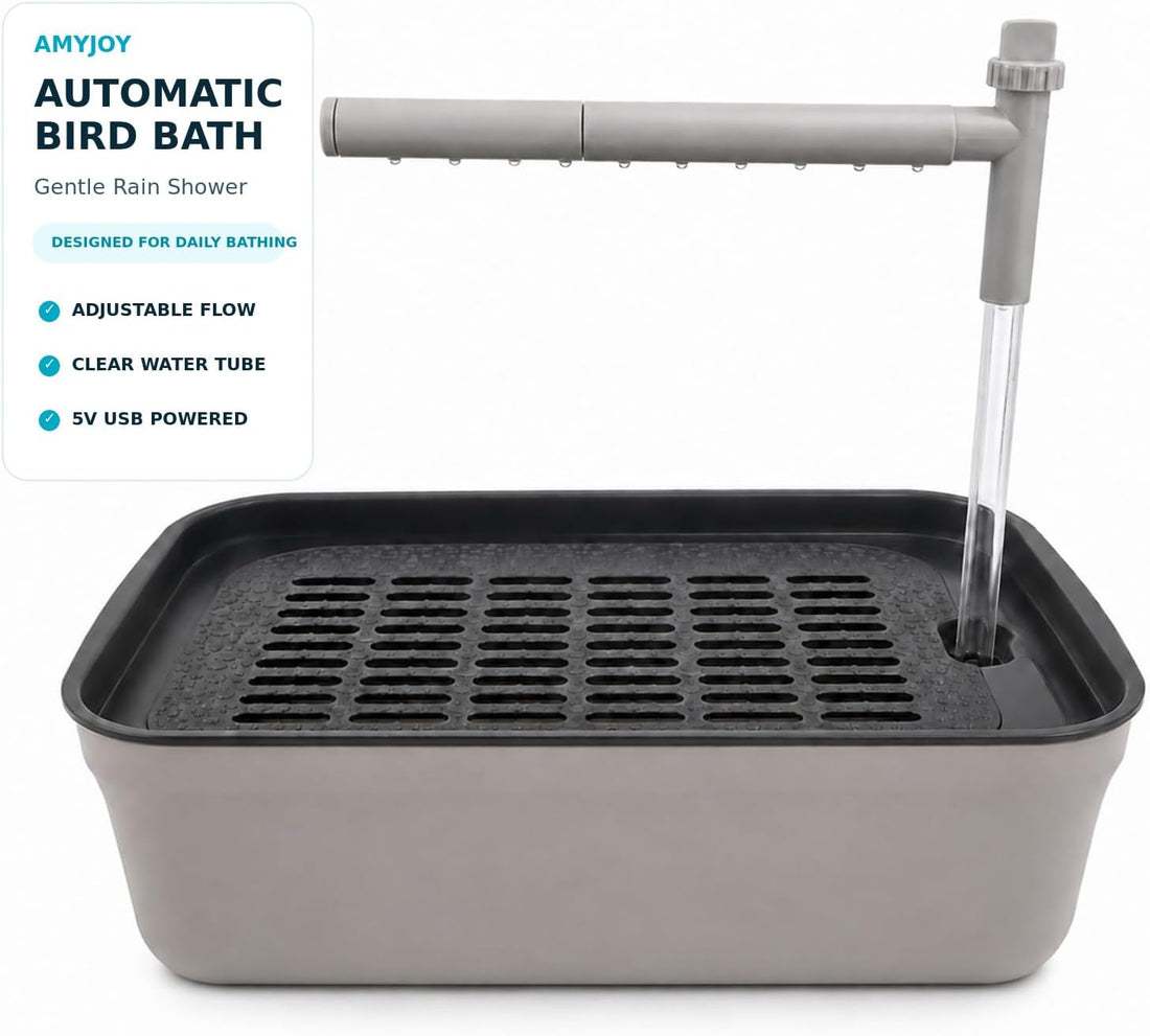 AMYJOY Automatic Bird Bath for Cage, USB Parakeet Shower Fountain
