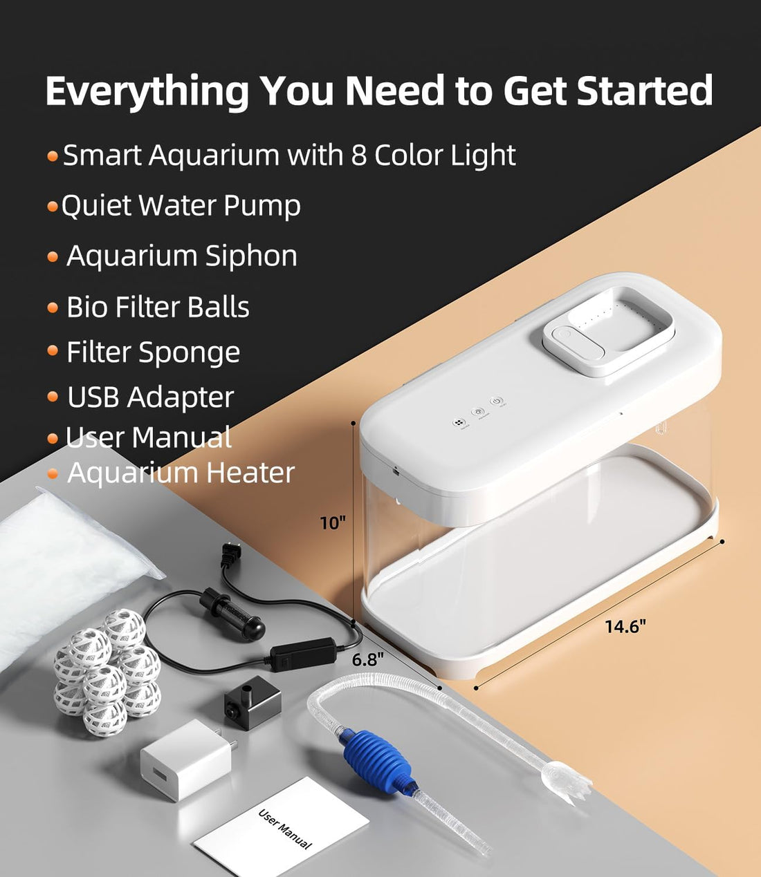 3 Gallon Fish Tank Starter Kit with Heater Hidden Filtration Light