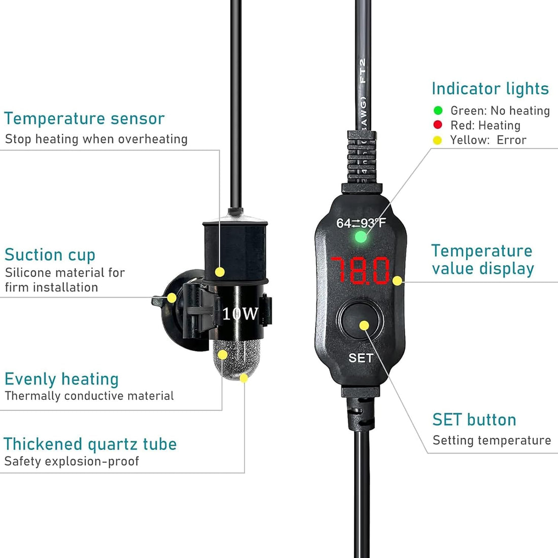 USB 10W Mini Submersible Aquarium Heater Adjustable Fish Tank Heater