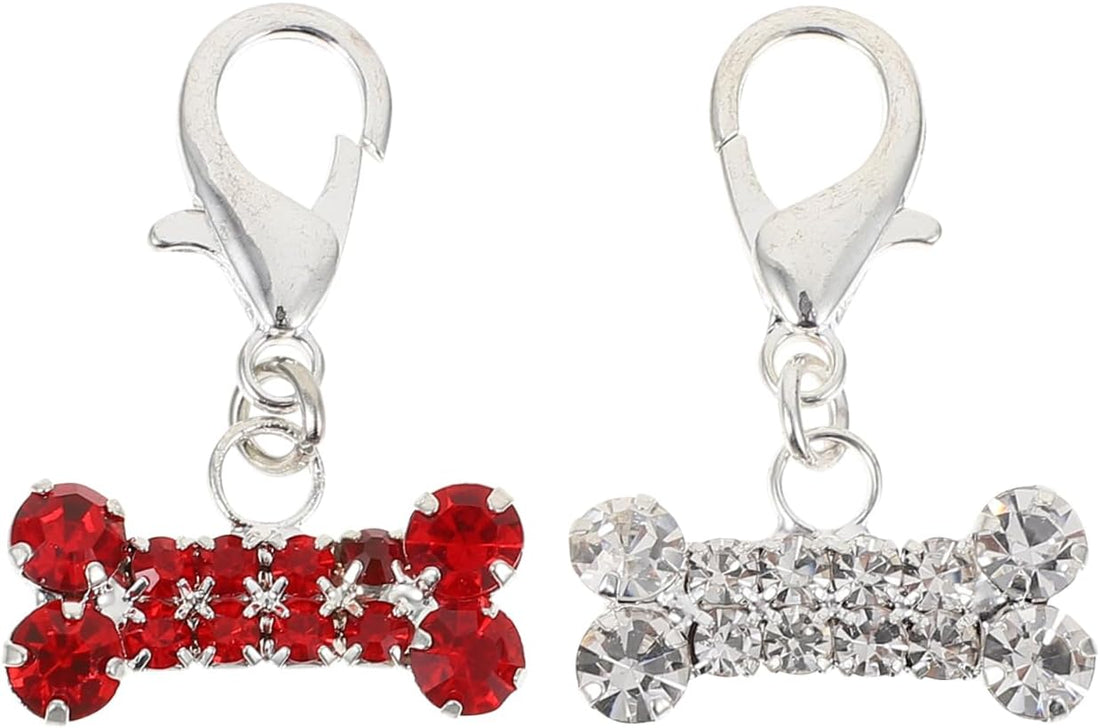 2Pcs Red Alloy Rhinestone Dog Bone Pet Collar Charm Pendant