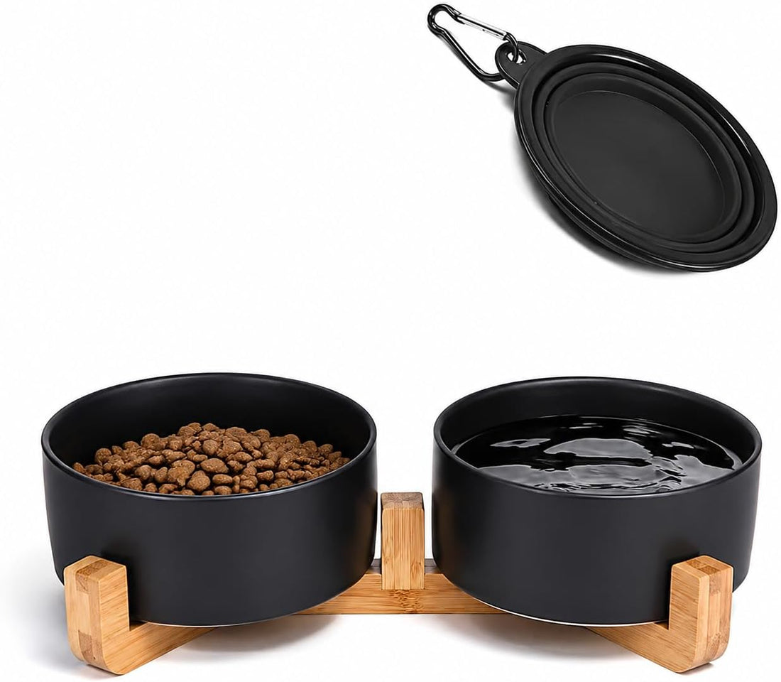 Petygooing Ceramic Dog Cat Bowls Set with Stand,Black Pet Food