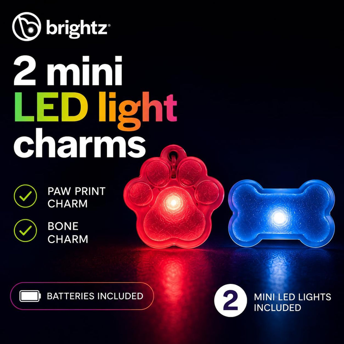 Brightz PupBrightz LED Dog Collar Charms, Paw & Bone, 2-Pack