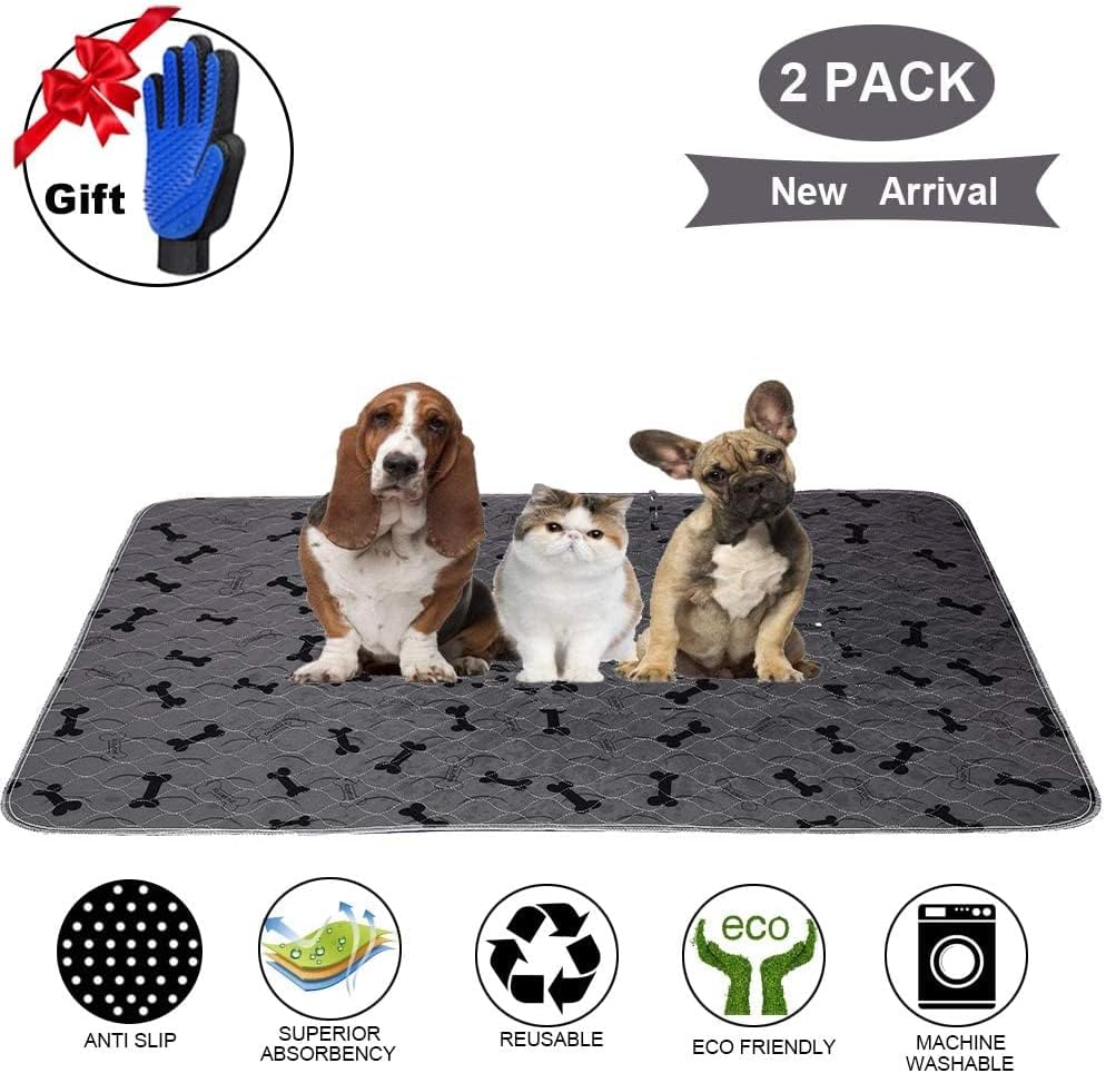 Washable Dog Pee Pads with Free Grooming Gloves,Non Slip Dog Mats