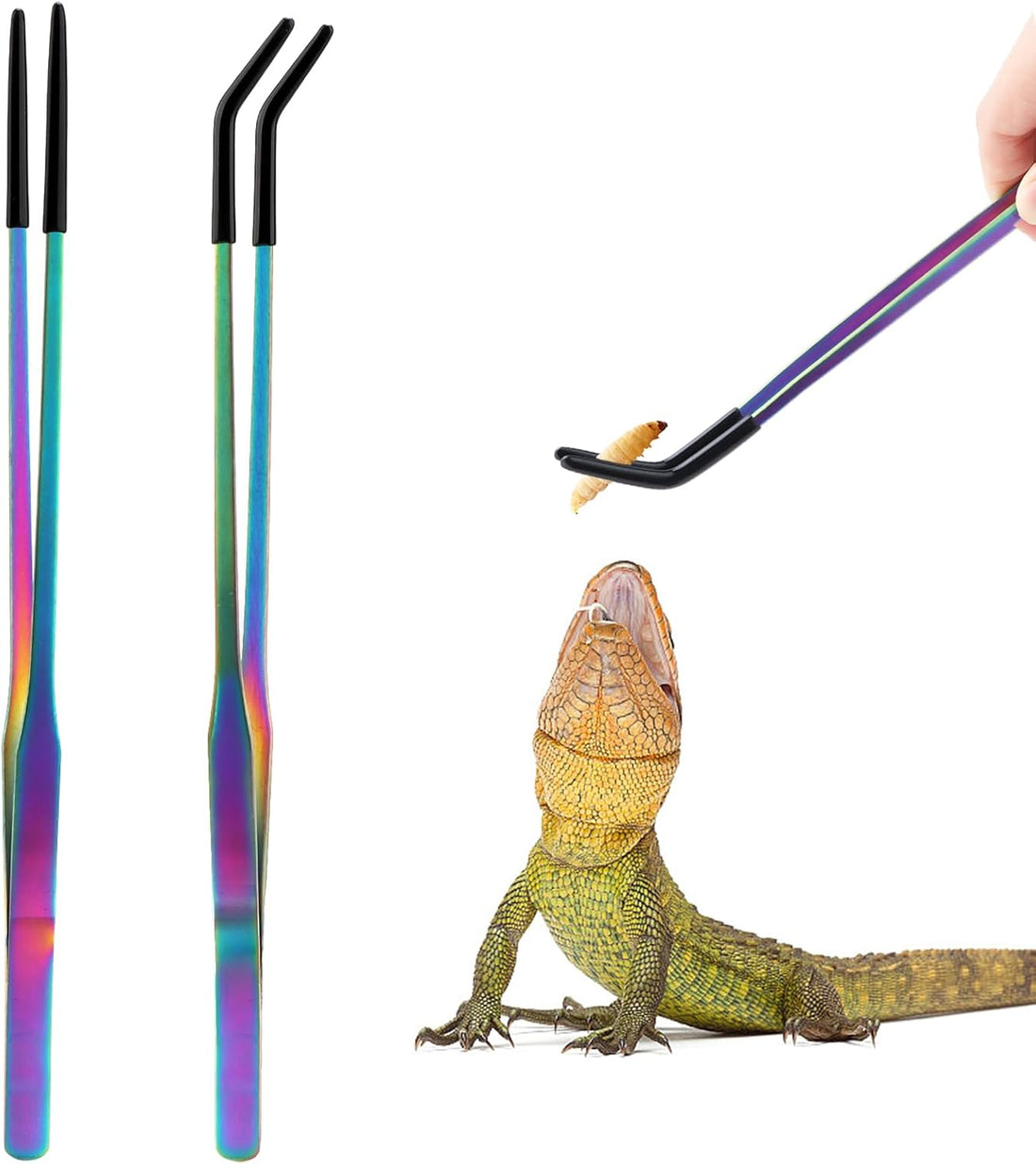 OLIISS Iridescent Reptile Feeding Tongs with Rubber Tips, 10.6"