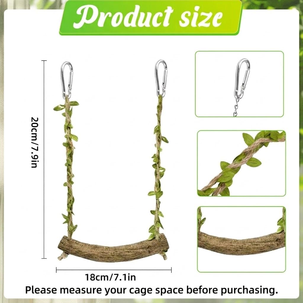Hiwzitar Natural Wood Bird Swing Perch with Decorative Leaves