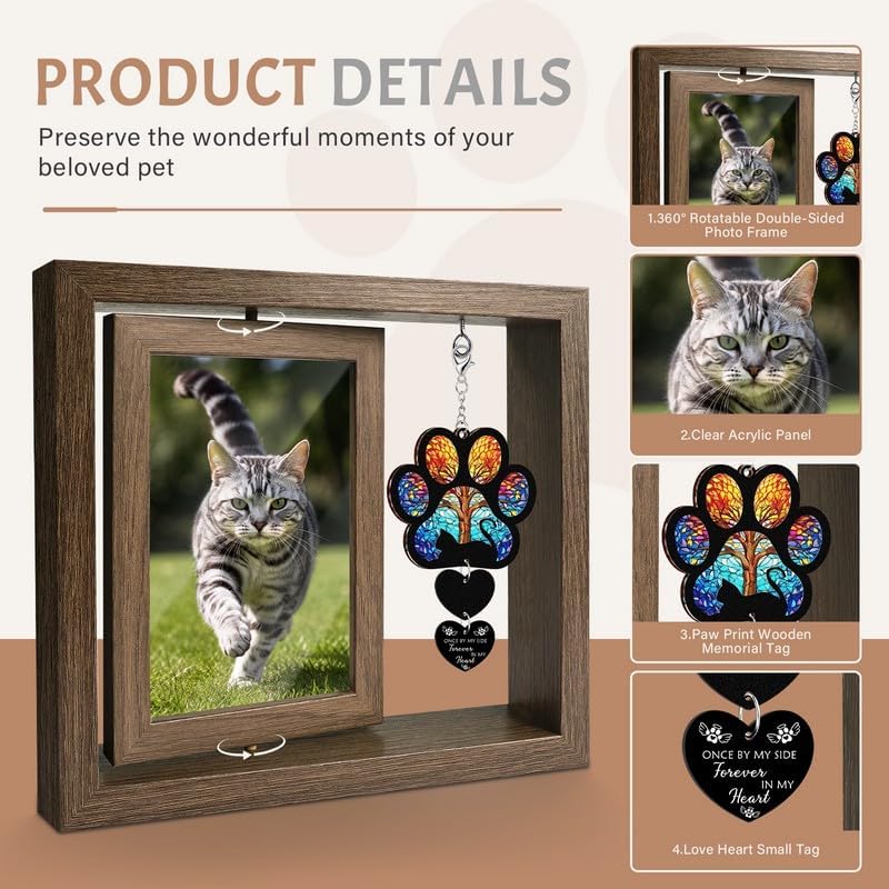 Pet Memorial Gifts for Loss of Cats- 360° Rotating Wooden Photo Frame