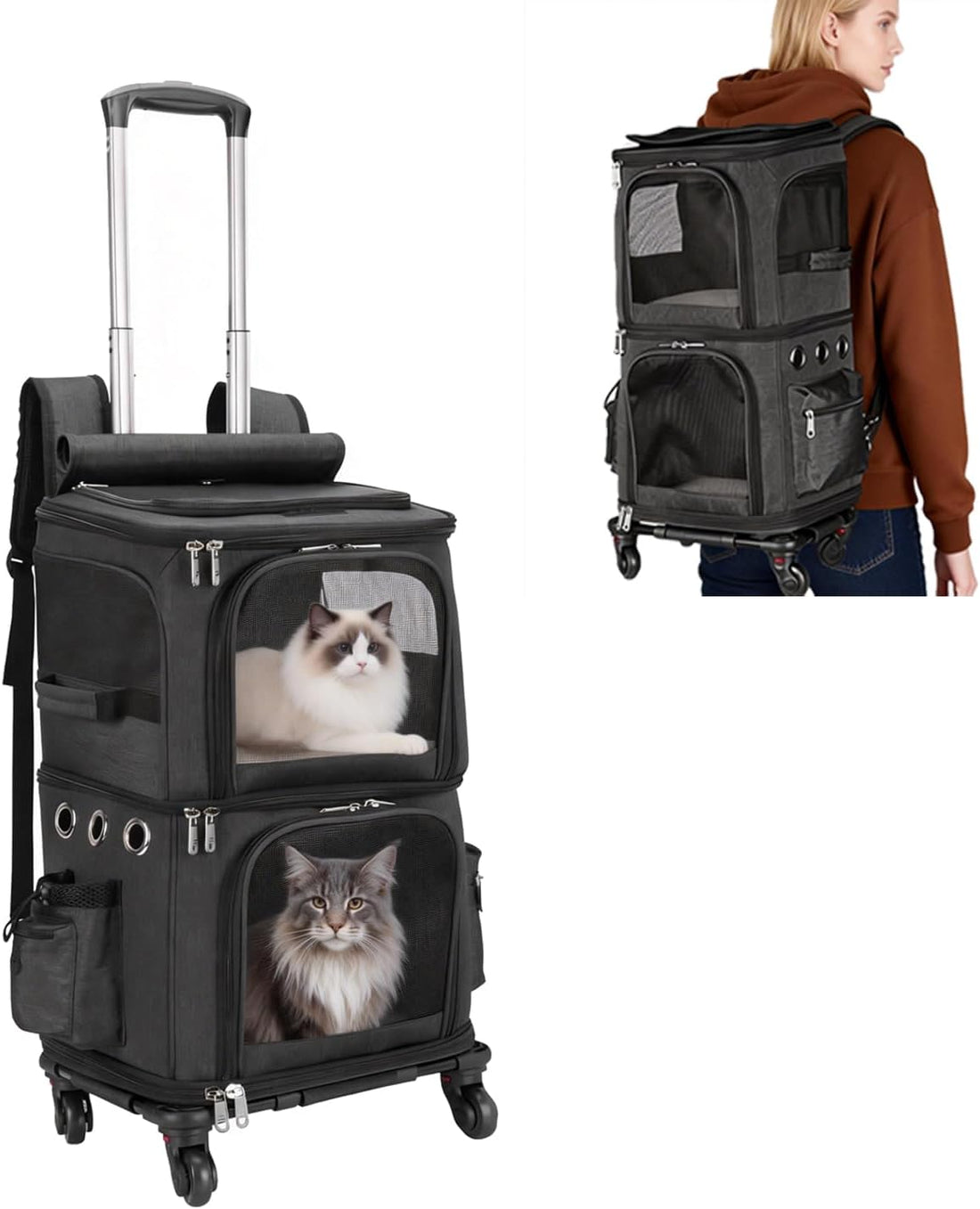 HOVONO Double-Compartment Cat Backpack Carrier with Wheels for 2 Pets