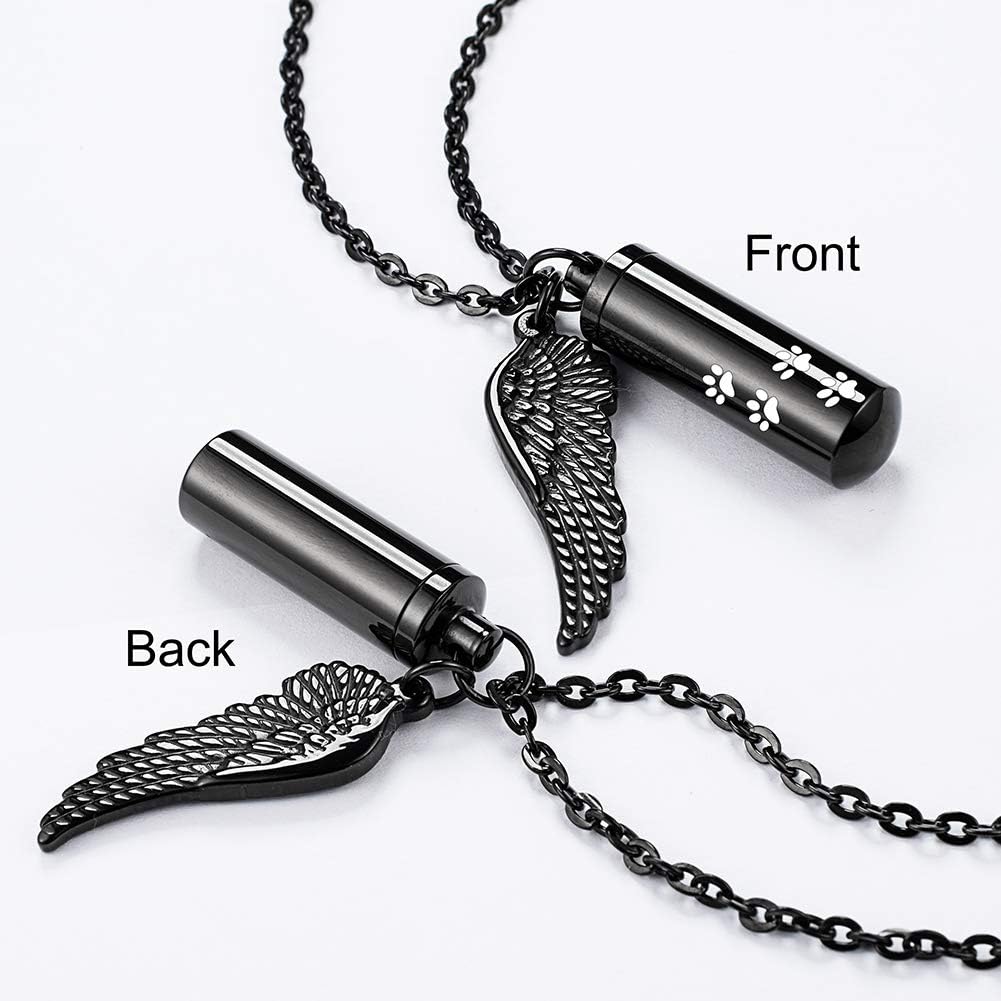 abooxiu Cylinder Cremation Necklace for Pet Ashes With Angel Wing Paw