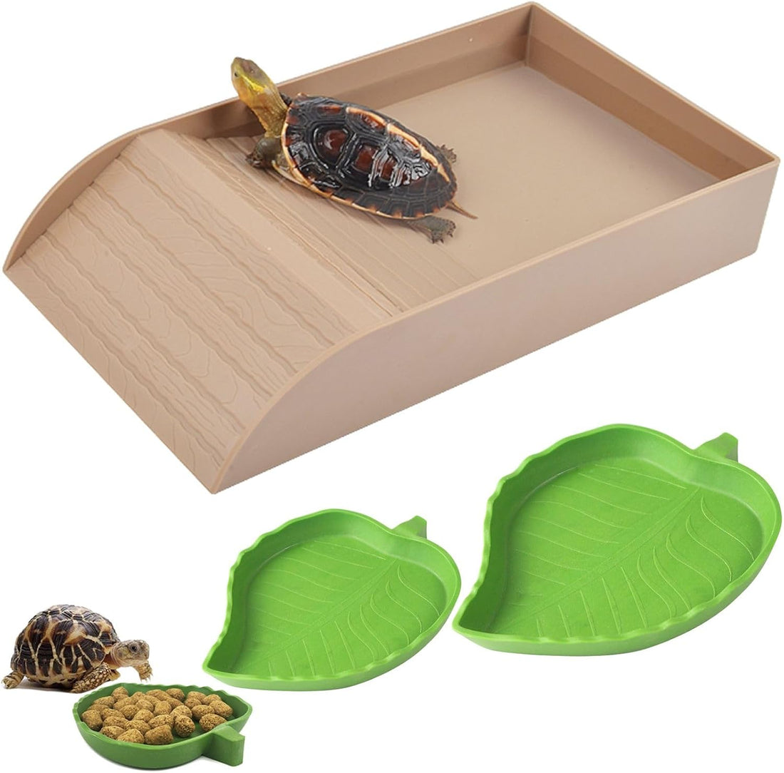 3pcs Tortoise Food Dish with Ramp and Basking Platform Leaf Tortoise