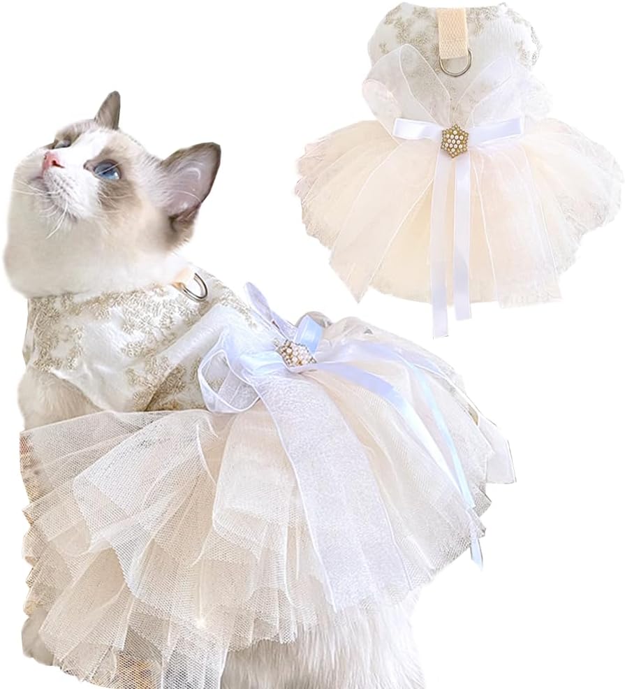 Fancy Dog Dresses with Leash Ring, Embroidered Dog Wedding Dress