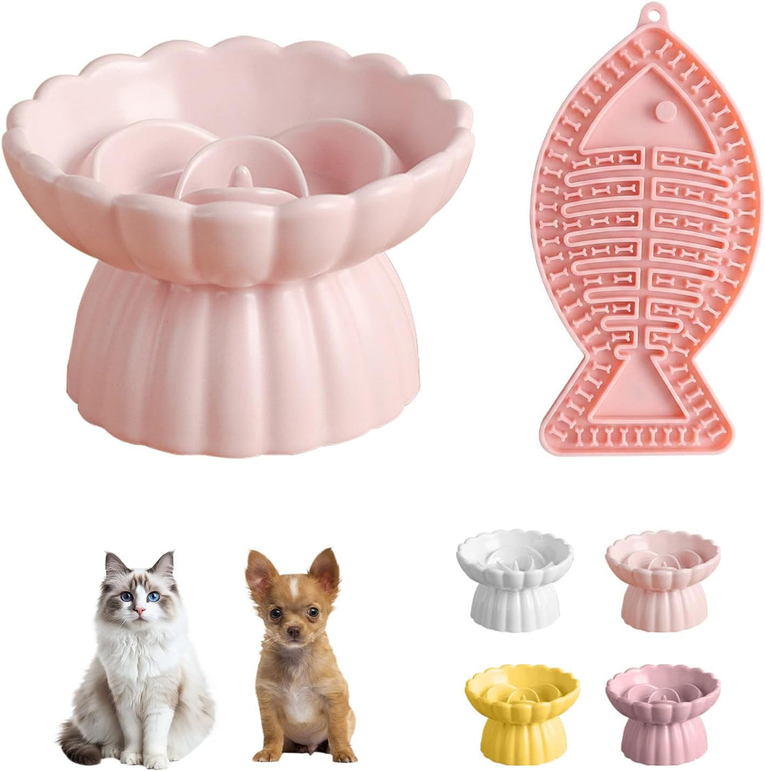Ceramic Raised Slow Feeder Cat Bowl with Lick Mat