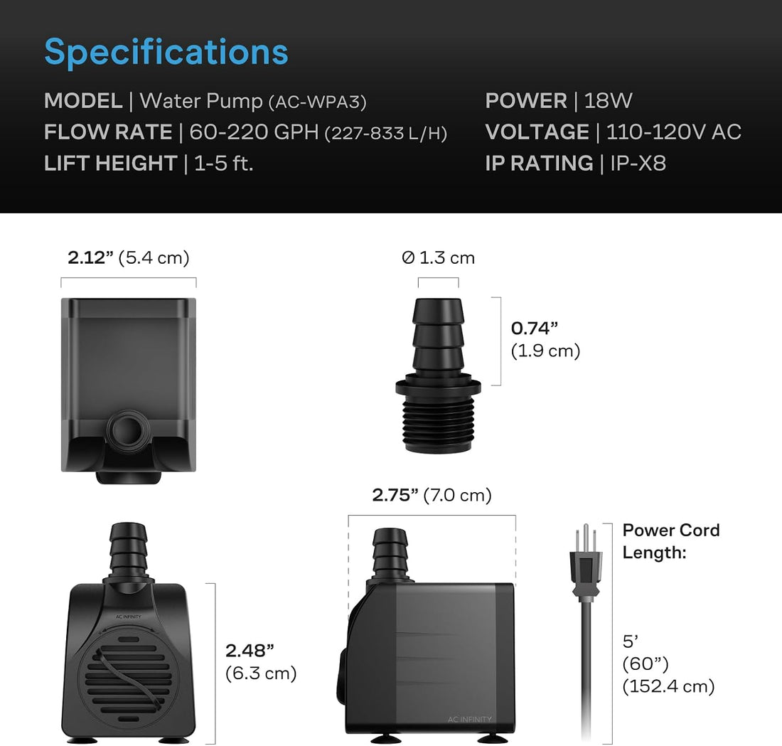 AC Infinity Submersible Pump 220 GPH for Hydroponics
