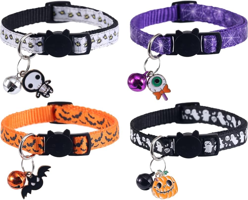 4 Pack Halloween Cat Collar with Bell Breakaway Adjustable for Kitty