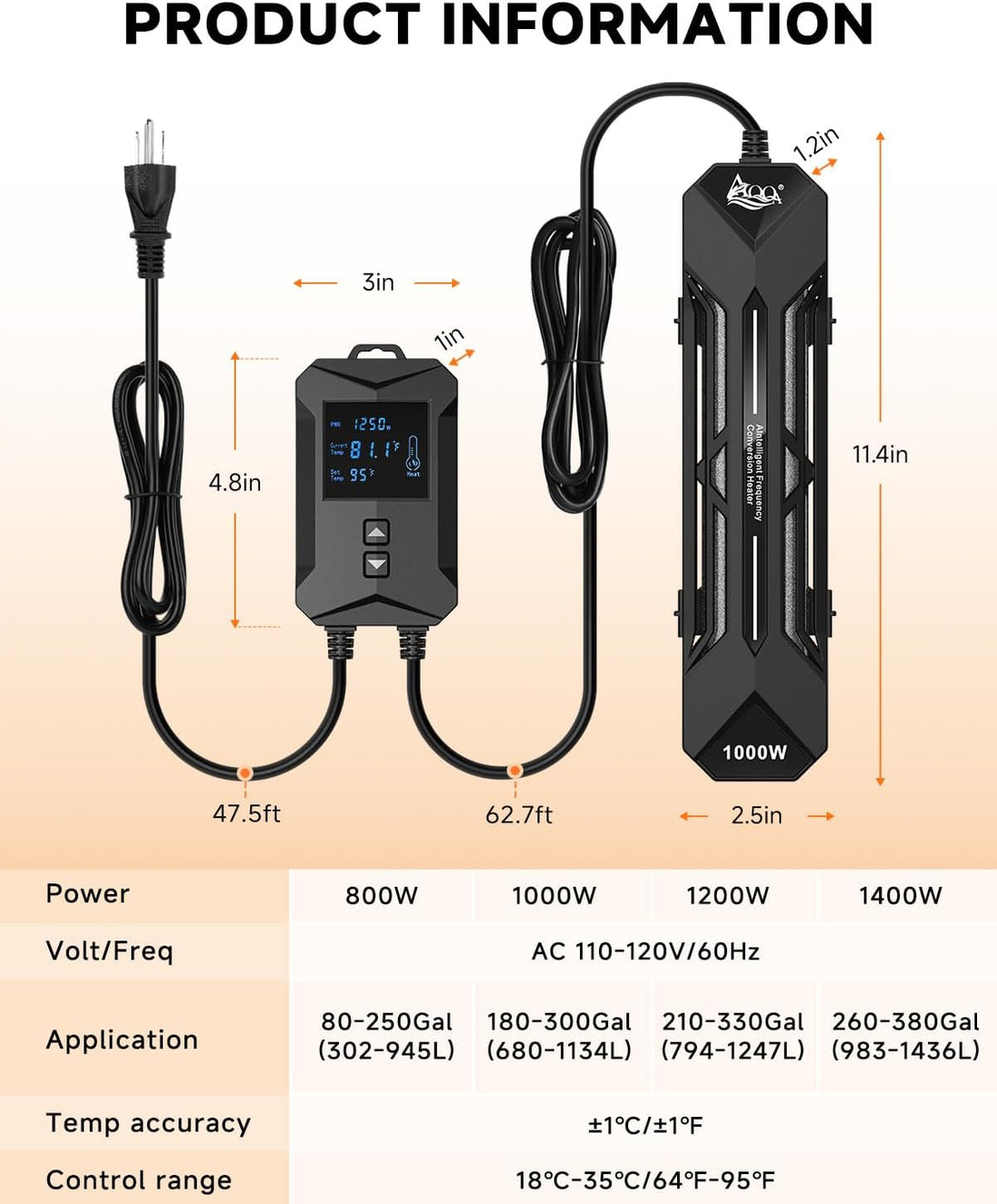 AQQA Aquarium Heater 800W/1000W/1200W/1400W Fish Tank Heater