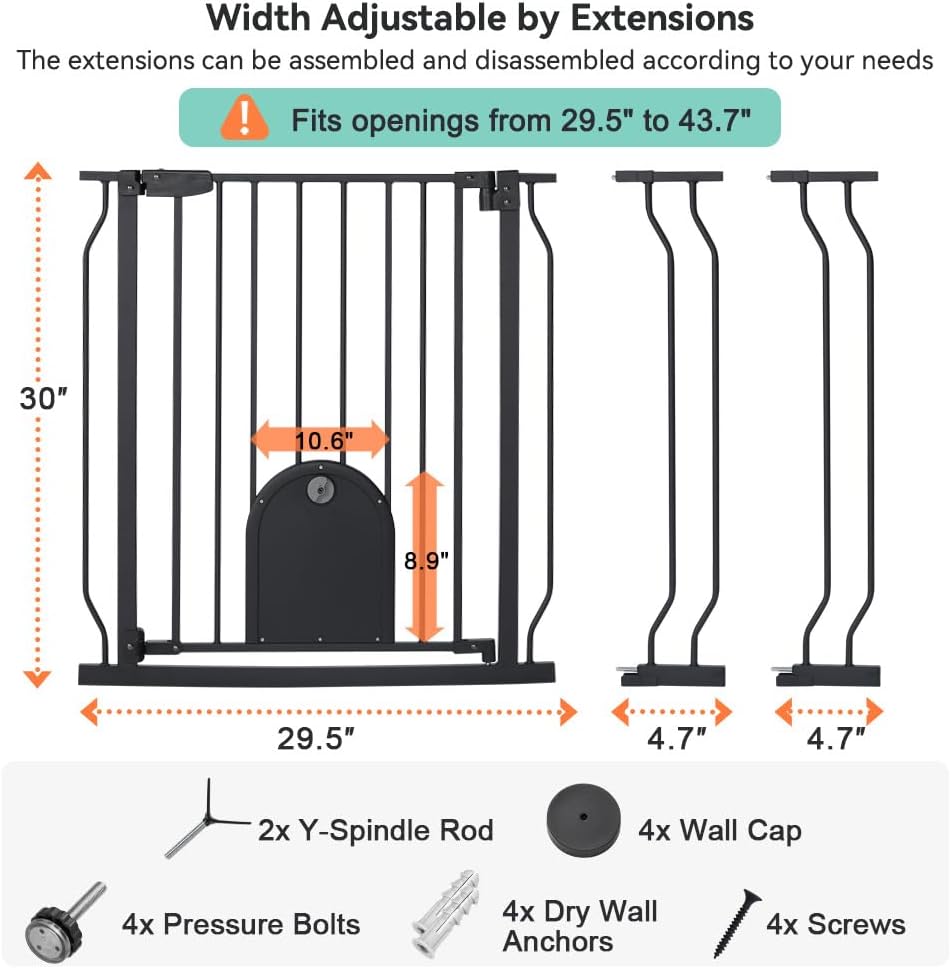 COMOMY 29.5-43.7" Pet Gate with Adjustable Cat Door for Stairs