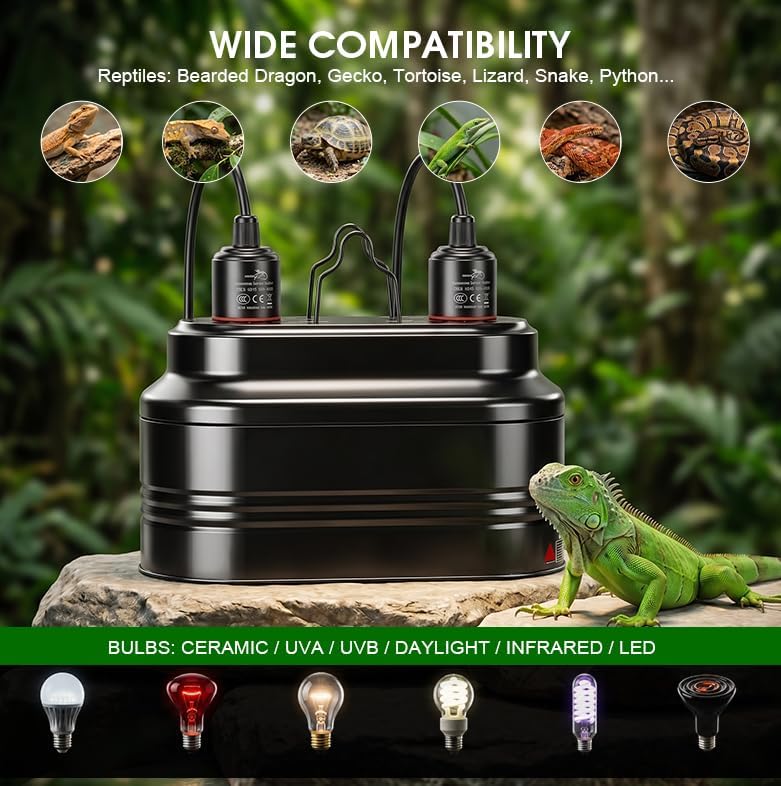 Dual Reptile Light Fixture,Reptile Heat Lamp with Thermostat & Timer