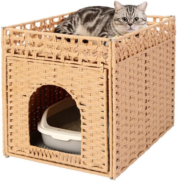 Hidden Cat Litter Box Enclosure Furniture, Dog Proof Indoor Cat House