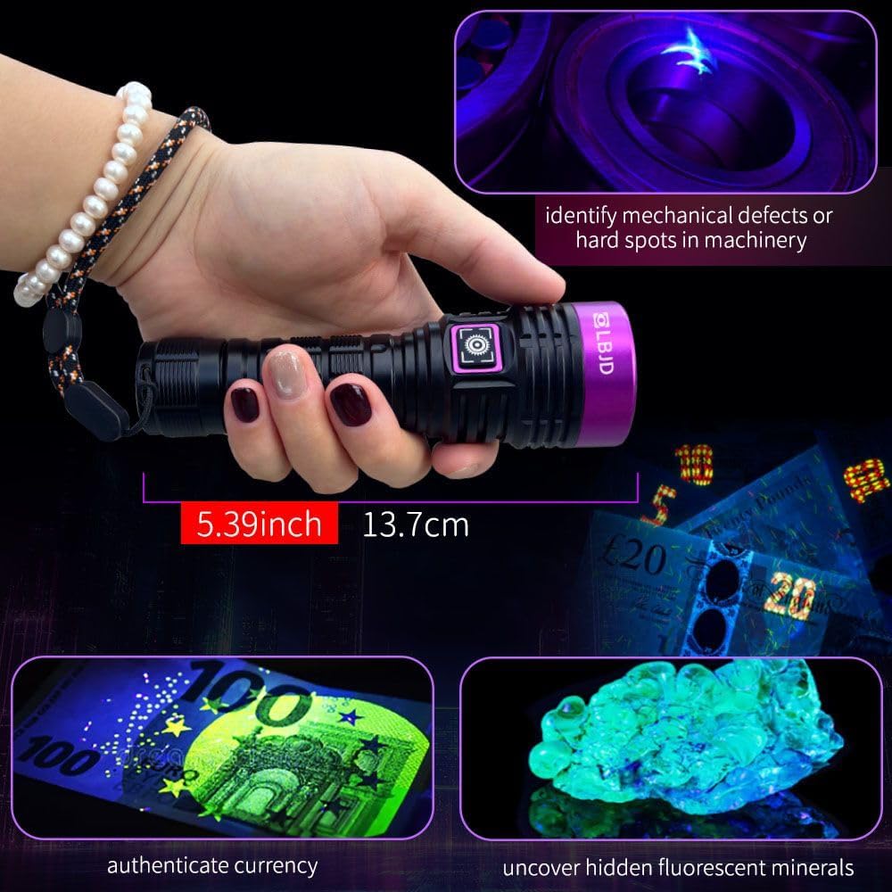 UV Black Light 365 nm Rechargeable Flashlight with Filter for Pet