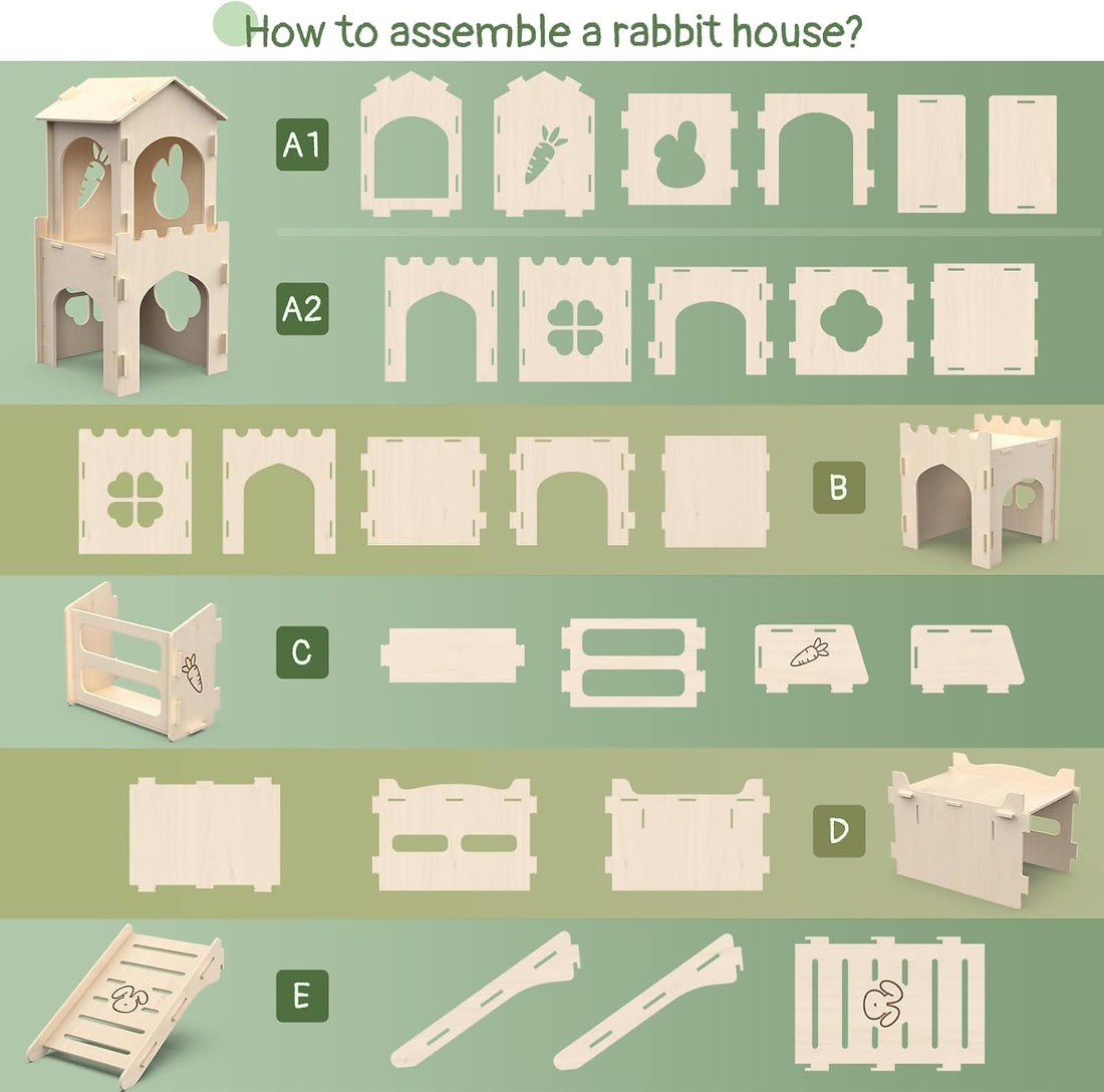 Wooden Rabbit House,Extra Large 2-Level Bunny Castle with Feeder