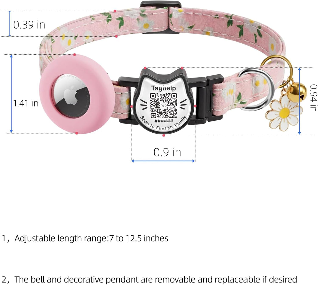Flowers Pendant Cute Cat Collar with AirTag Holder,QR Code ID Tag