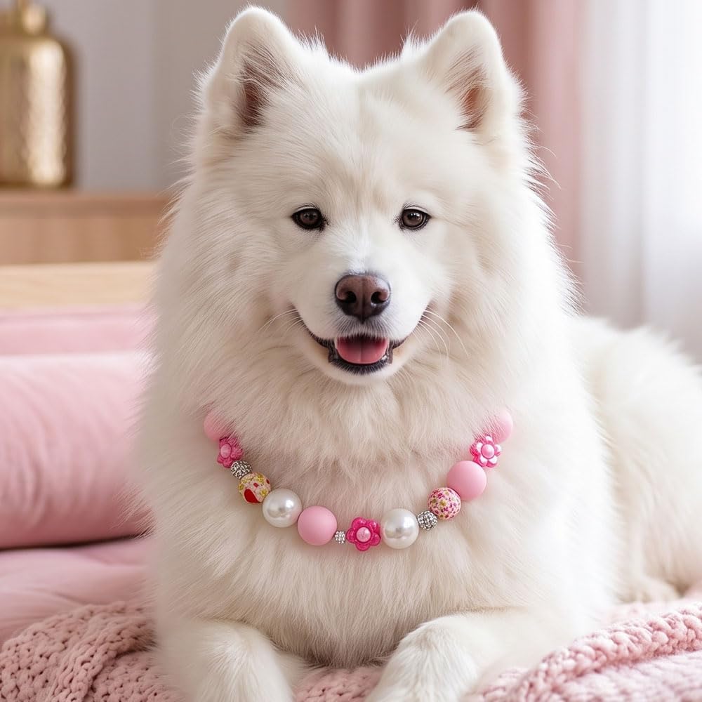 Pink Floral Beaded Collar Necklace for Dog Pet Costume Accessory