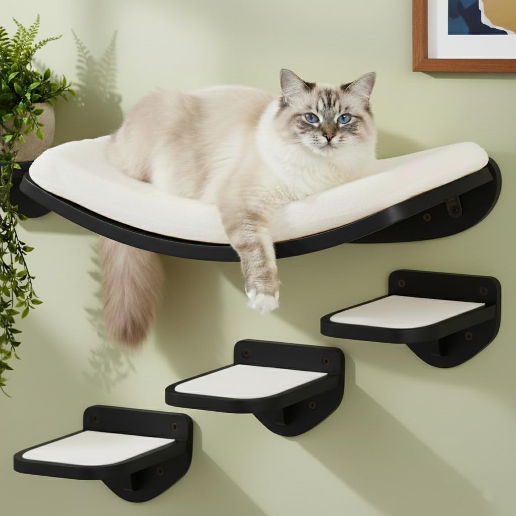 Cat Wall Shelves, Walnut Floating Cat Furniture with Bed & Steps