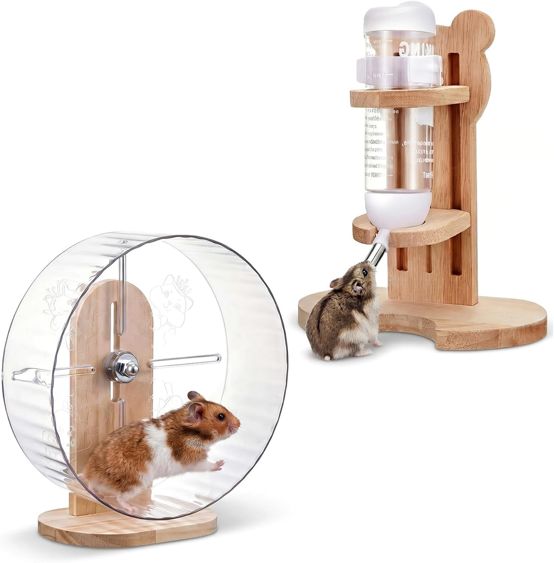 L, 11 Inch Wooden Silent Hamster Wheel with Water Bottle