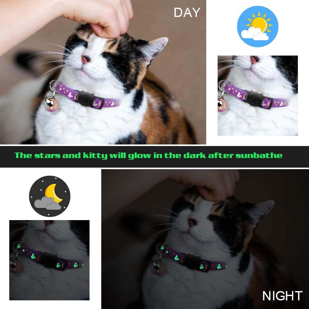 Baeuppit 2PCS Breakaway Cat Collars with Bell Cute Kitty Glow in