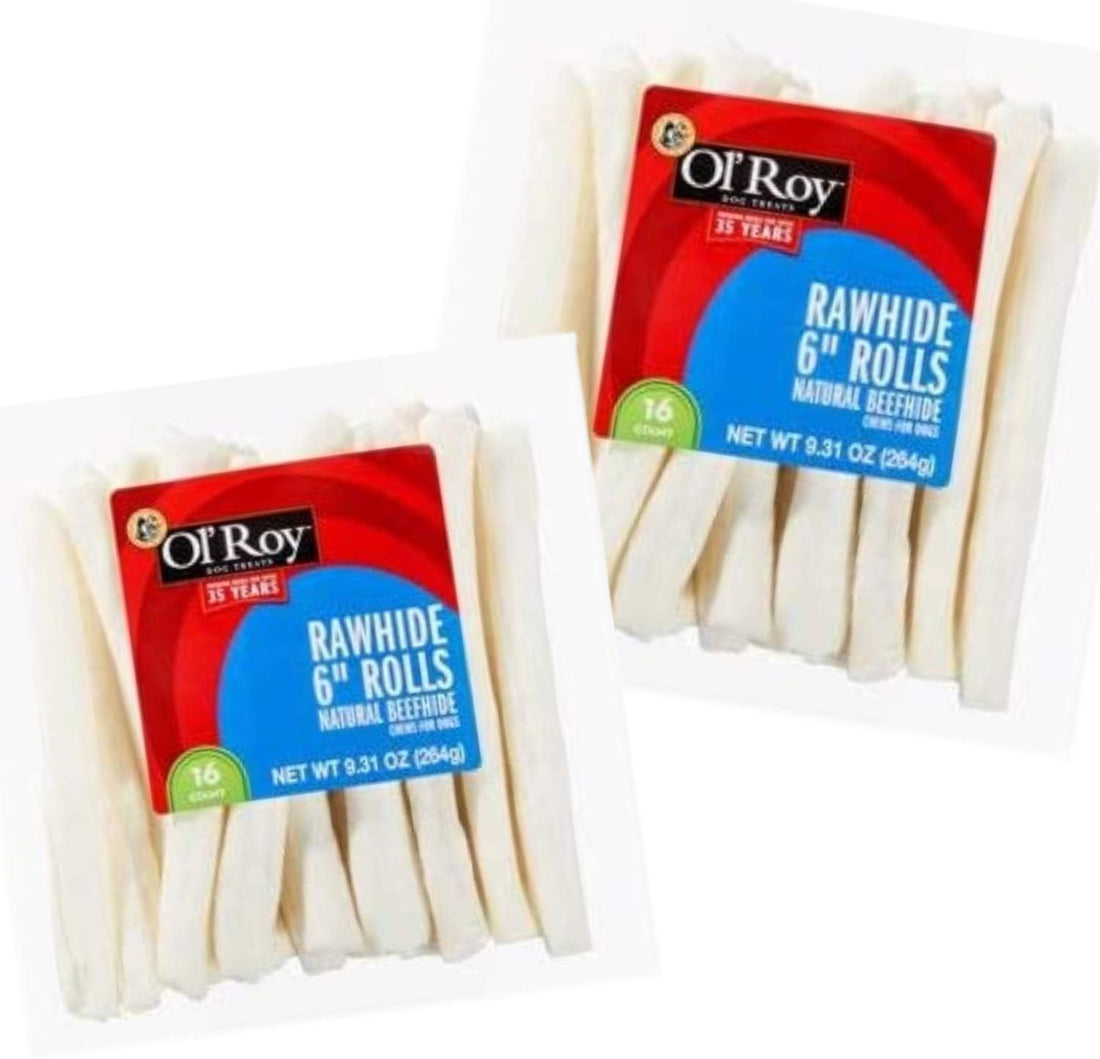 Ol' Roy Rawhide 6" Rolls, Natural Beefhide Chews, 16 Count (Pack of 2)