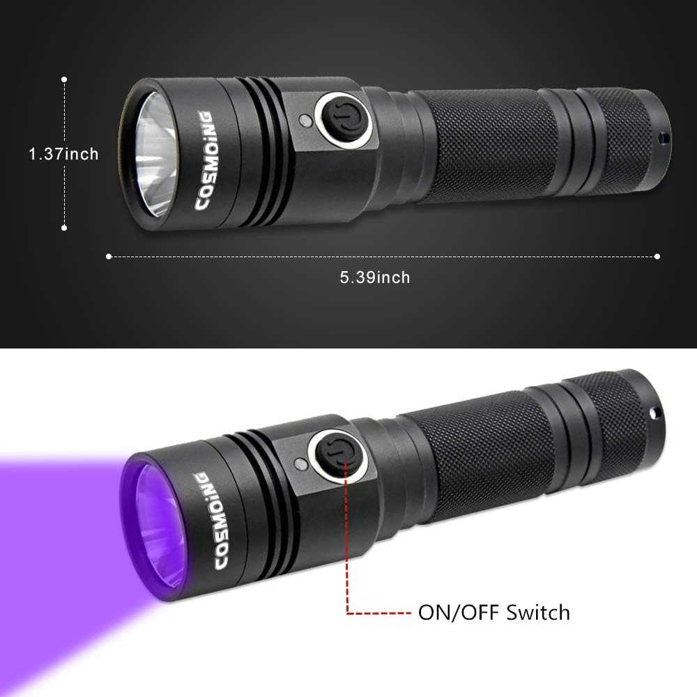 COSMOING 395nm UV Flashlight, Rechargeable Black Light Flashlight