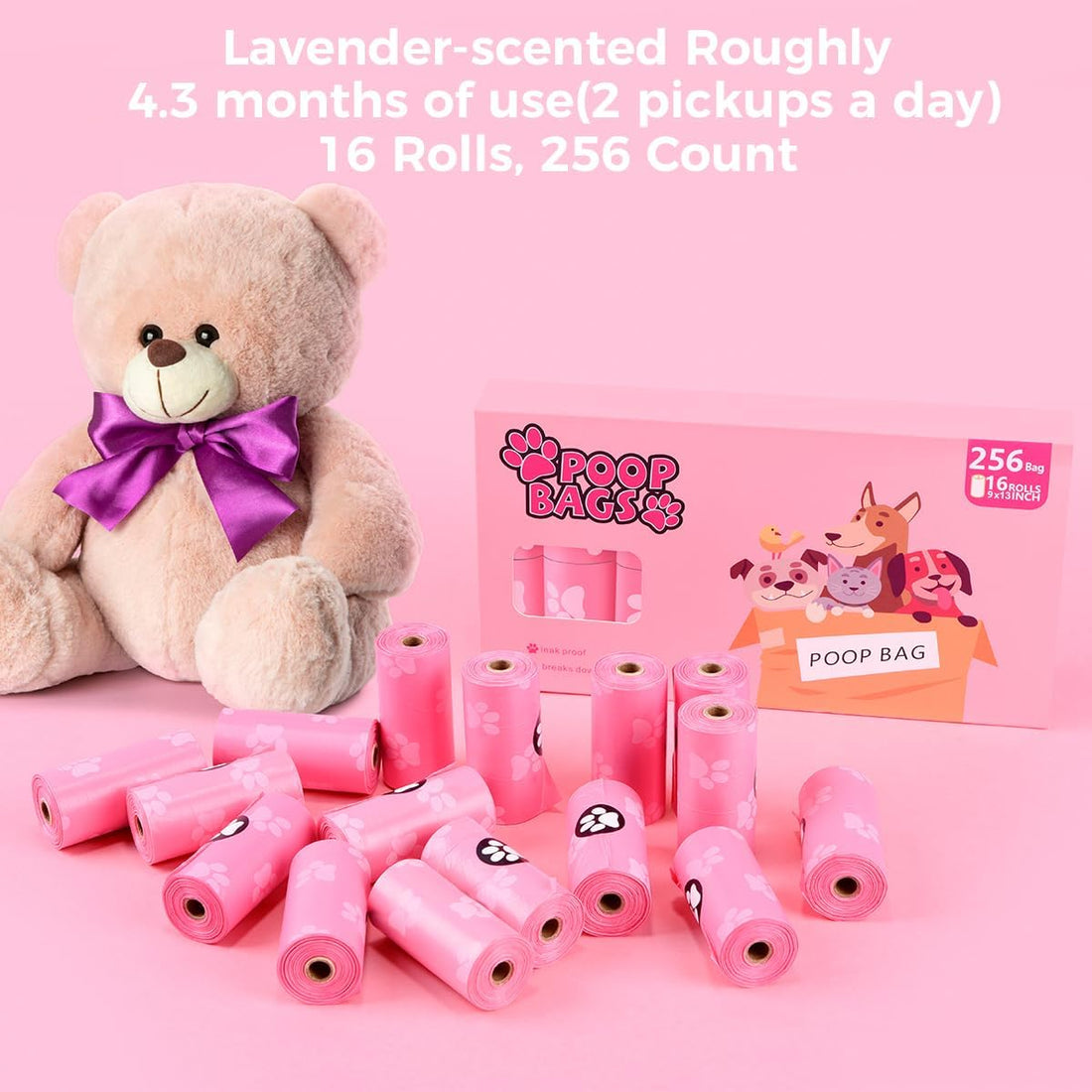 Poop Bags Rolls 256 Count - 9x13 Inches Pink Thickened Leakproof