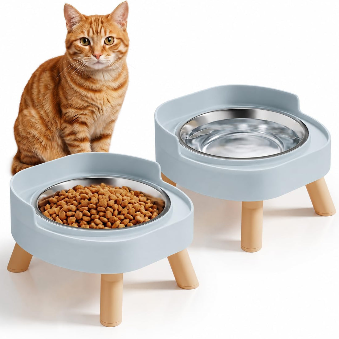 Elevated Cat Bowls, 2P Raised Cat Food and Water Bowl Set for Indoor