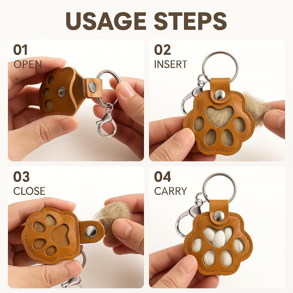 Leather Pet Fur Keepsake Keychain, 3 Pcs Black White Brown