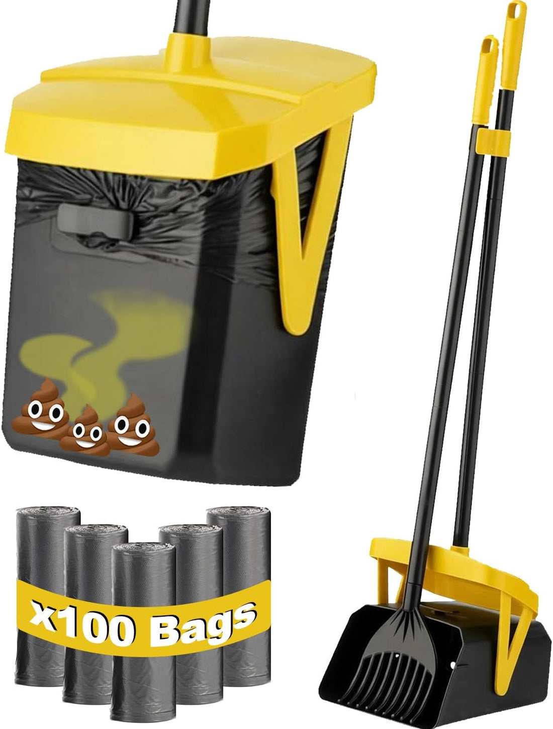 FUSBUNTY Dog Pooper Scooper, Swivel Bin & Rake Set with 100 Bags