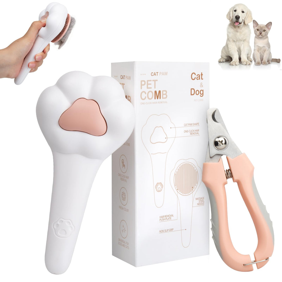 Self-Cleaning Cat Brush for Shedding with Cat Nail Clipper 2-Piece