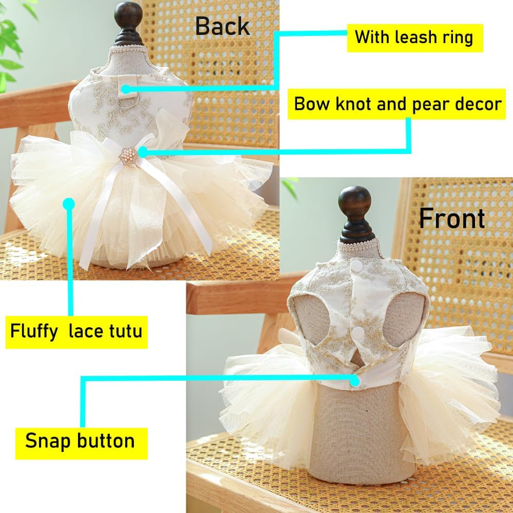 Fancy Dog Dresses with Leash Ring, Embroidered Dog Wedding Dress