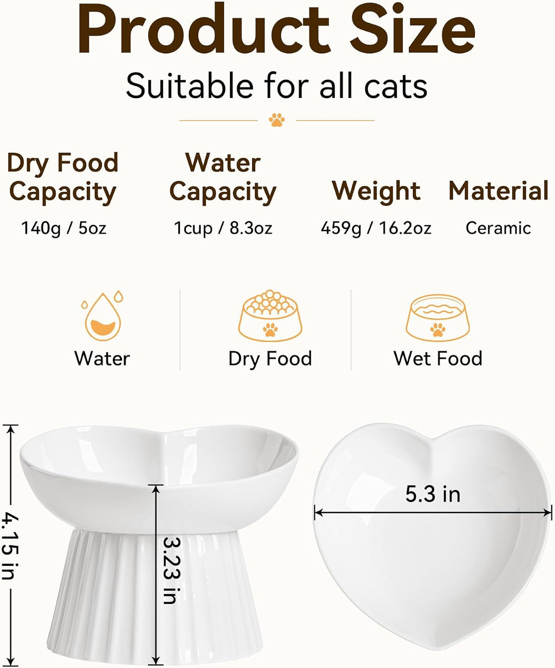 Elevated Cat Food Bowl, Ceramic Titled Whisker Friendly, 5.3in Wide