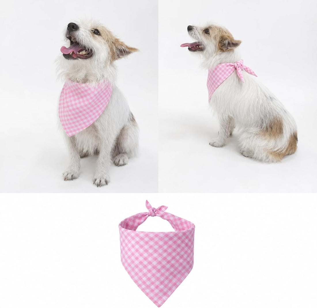 Dog Bandanas ; Cotton Linen Pink Plaid Bandana