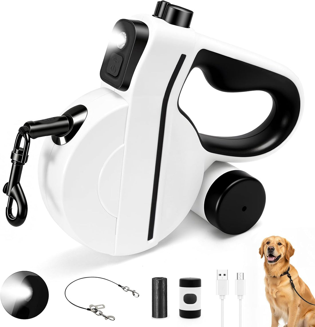 Retractable Dog Leash with LED Light & Reflective Tape for Night Walk