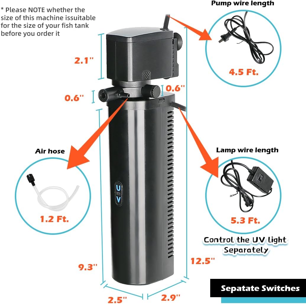 COOSPIDER Aquarium Filter with 7W U-V Light 300GPH for 75-200 Gallon