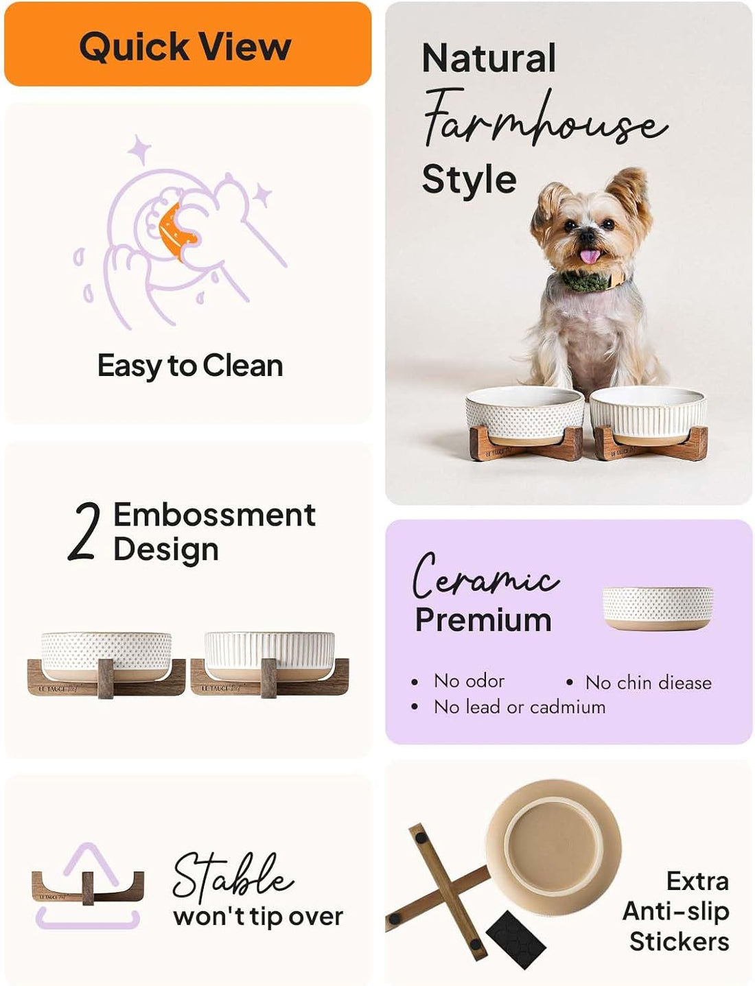 LE TAUCI PET Ceramic Dog and Cat Bowl Set with Acacia Wood Stand